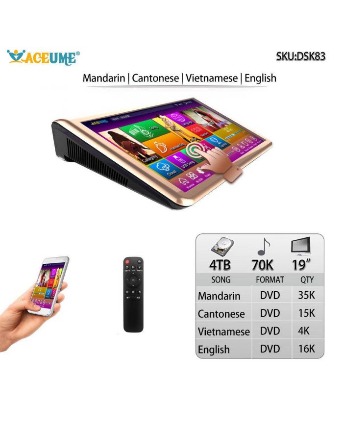 DSK83-4TB HDD 70K Mandarin Cantonese English Vietnamese Songs 19" ALL IN ONE Touch Screen Karaoke Player Select and Search Songs Both Via Touch Screen Player and Mobile Device