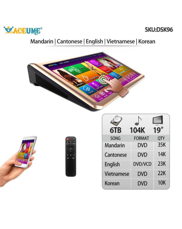 DSK96-6TB HDD 104K Chinese English Vietnamese Korean Songs 19" Touch Screen Karaoke Player Cloud Download Multilingual Menu and Fast Search Remote Controller