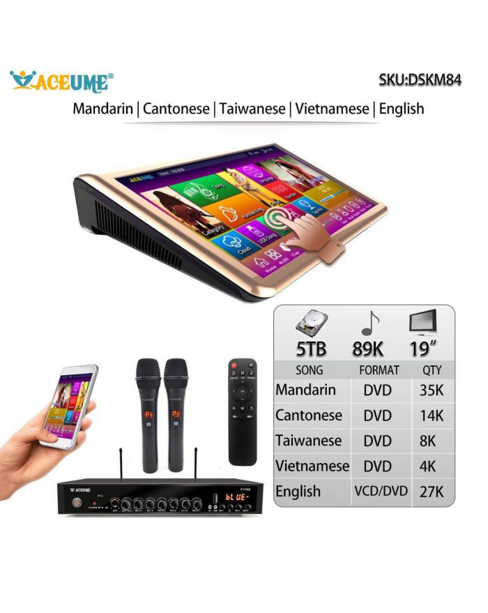DSKM84-5TB HDD 89K Chinese English Vienamese DVD Songs 19" Touch Screen Karaoke Player Songs Machine Jukebox Select songs via Touch Screen Monitor and Mobile device