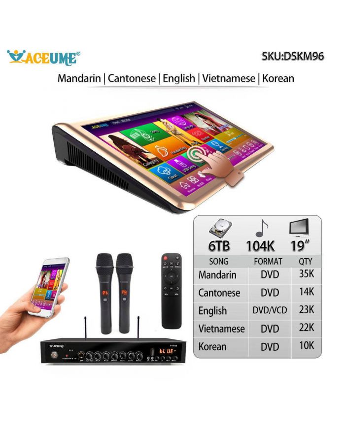 DSKM96-6TB HDD 104K Chinese English Vietnamese Korean Songs 19" Touch Screen Karaoke Player Cloud Download Multilingual Menu and Fast Search Remote Controller
