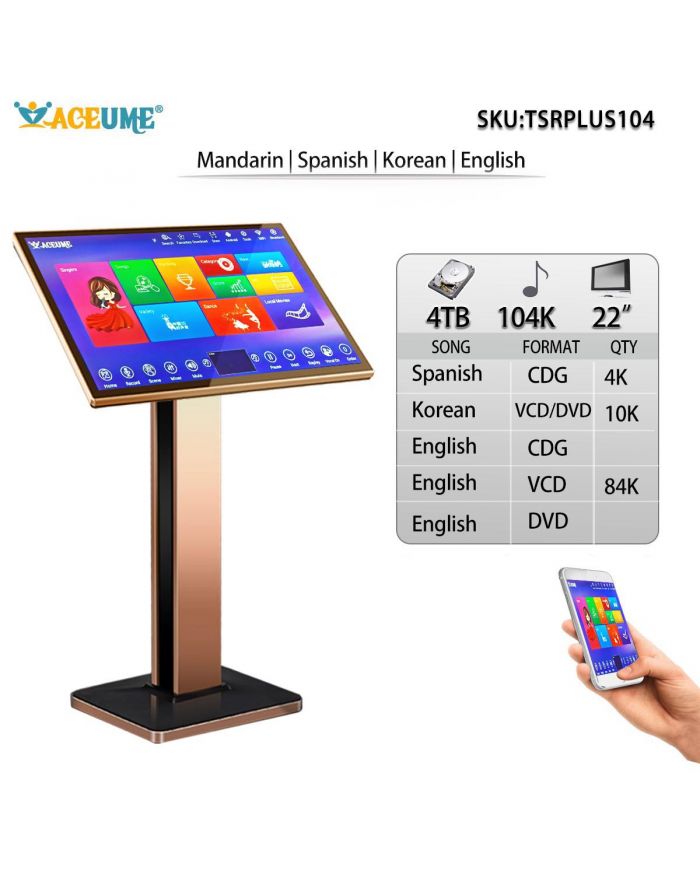 TSRPLUS104-4TB HDD104K Korean and English Songs ACEUME TSRPLUS 22" Touch Screen Karaoke Player Songs Player Jukebox Select Songs Both Via Monitor TSRPLUS104