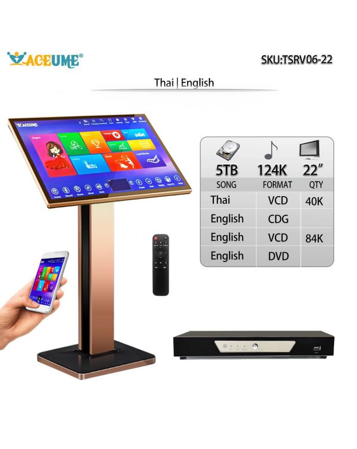 TSR22V06-22 5TB HDD 124K  Thai English Songs 22" Touch Screen Karaoke Player Select Songs Via Monitor and Mobile deviece Remote Controller Includd Multilingual Menu And Fast Search TSR22V06