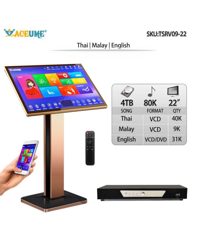 TSRV09-22 4TB HDD 80K English Thai Malay/Indonesia Songs 22" Touch Screen Karaoke Machine ECHO Select Songs Via Monitor and Mobile Device Remote Controller and Free Microphone included