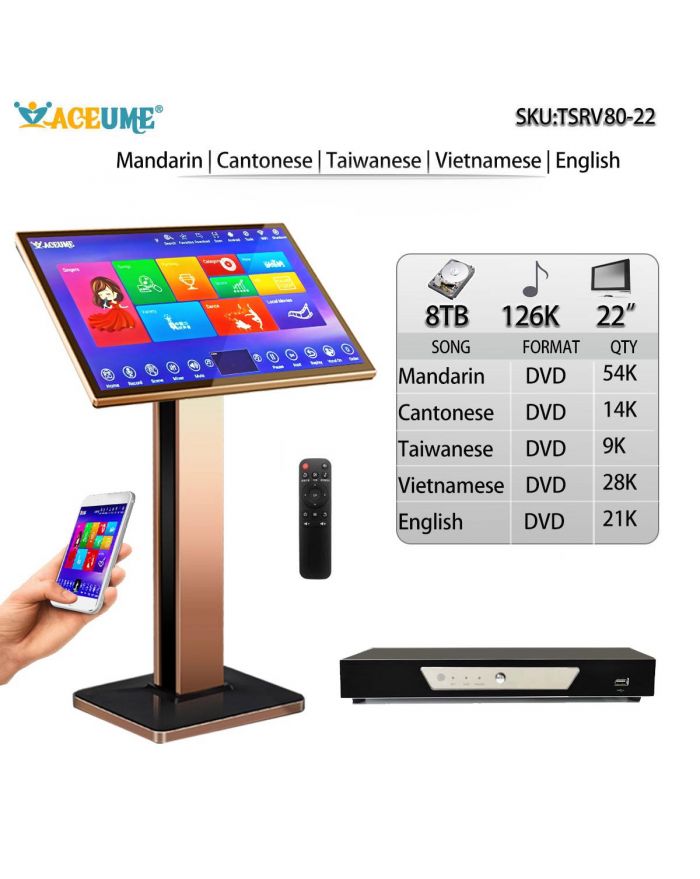 TSRV80-22 8TB HDD 127K Songs Chinese DVD English DVD Vietnamese DVD Cantonese DVD Taiwanese DVD 22" Three In One Touch Screen Karaoke Player Select And Search Songs Both Via Touch Screen Player And Mobile Device Remote Controller 