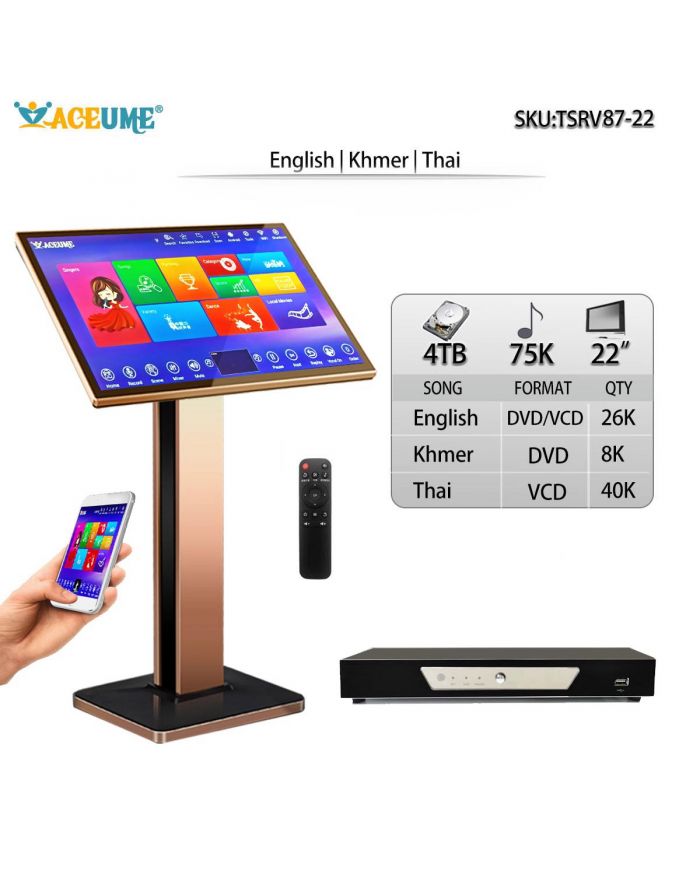 TSRV87-22 4TB HDD 75K Khmer/Cambodian DVD Thai VCD English DVD Songs 22" Touch Screen Karaoke Player Select Songs Via Monitor And Mobile Deviece Remote Controller Includ Multilingual Menu And Fast Search
