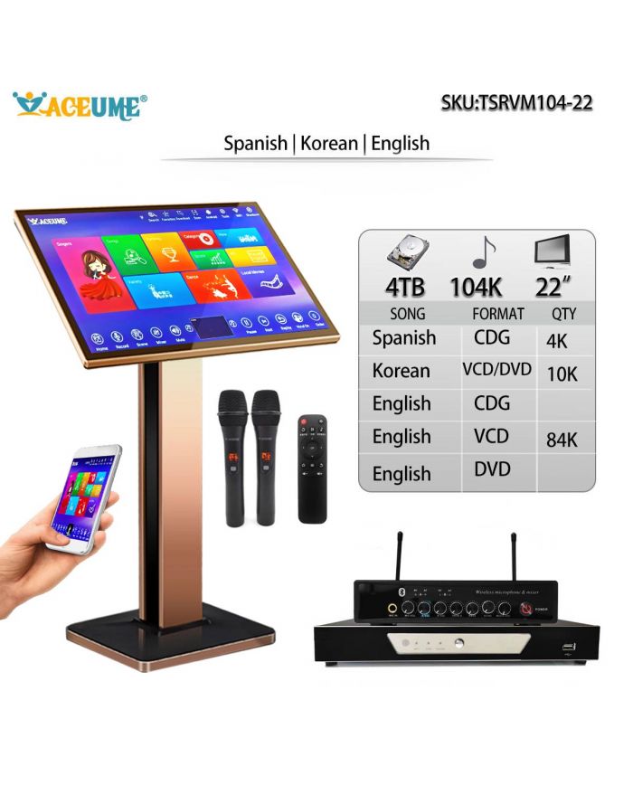 TSRVM104-22 4TB HDD 104K Korean  Spanish English Songs ACEUME TSRV 22" Touch Screen Karaoke Player Songs Player Jukebox Select Songs Both Via Monitor Microphone