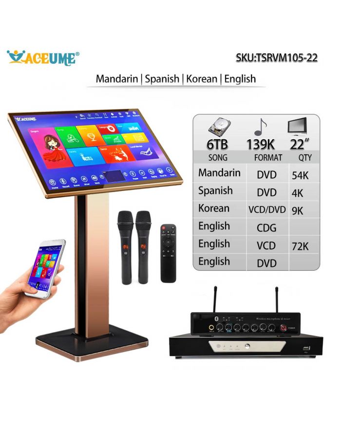 TSRVM105-22 6TB HDD 139K Chinese English  Spanish Korean 22" Touch Screen Karaoke Player ECHO Mixing