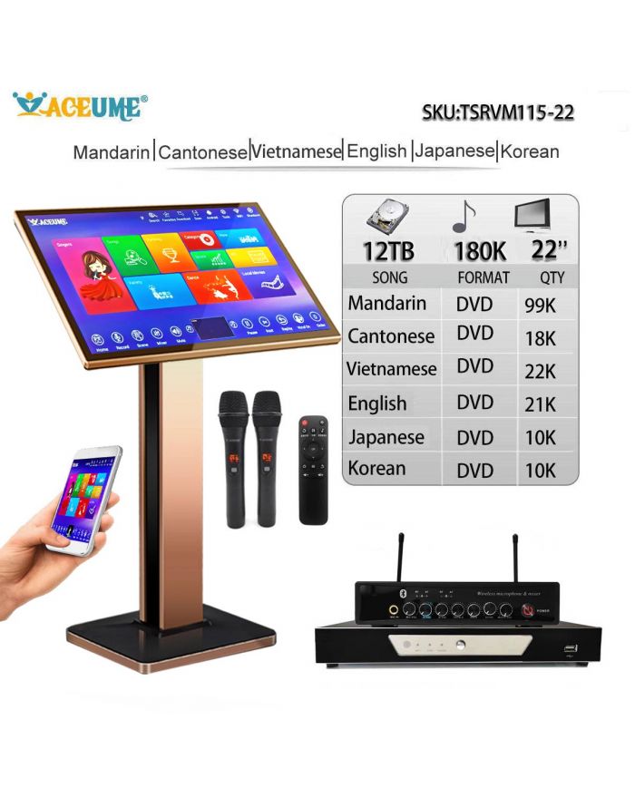 TSRVM115-22 12TB 180K Chinese Cantonese Vietnamese English  Janpanese  Korean  English  Janpanese  Korean Songs 22" TSRV Touch Screen Karaoke Player Cloud Download Remote Controller Microphone