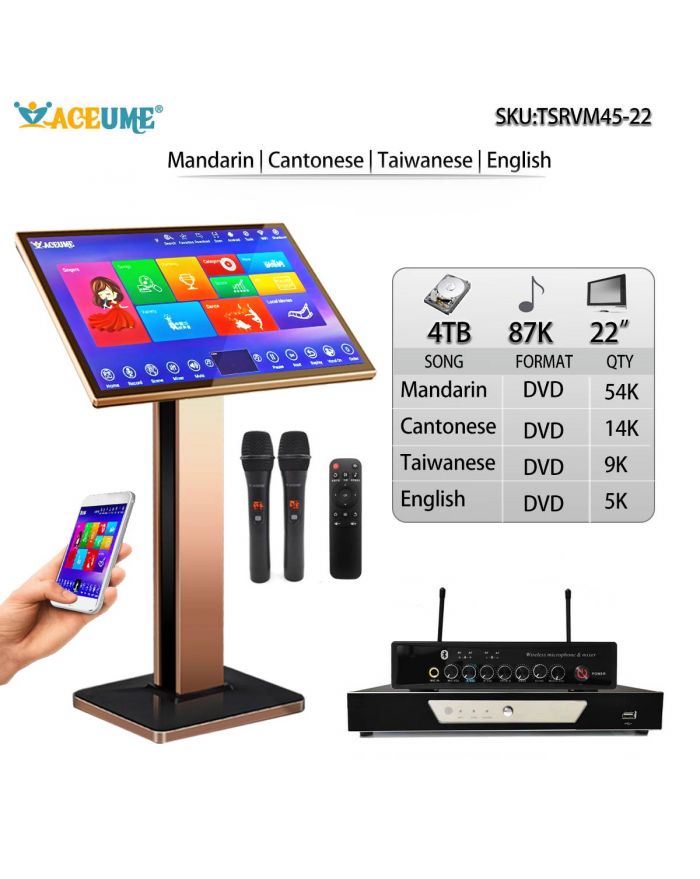 TSRVM45-22 4TB HDD 87K Chinese Mandarin Cantonese Taiwanese DVD English DVD Songs 22" Touch Screen Karaoke Player Cloud Download Microphone Port ECHO Mixing Free Microphone Included