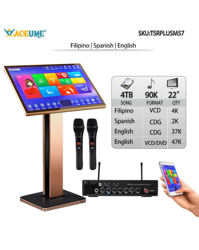TSRPLUSM57-4TB HDD 90K English Filipino Spanish Songs 22 Touch Screen Karaoke Player Wireless Microphone Input ECHO Mixing Free Microphone and Remote Controller