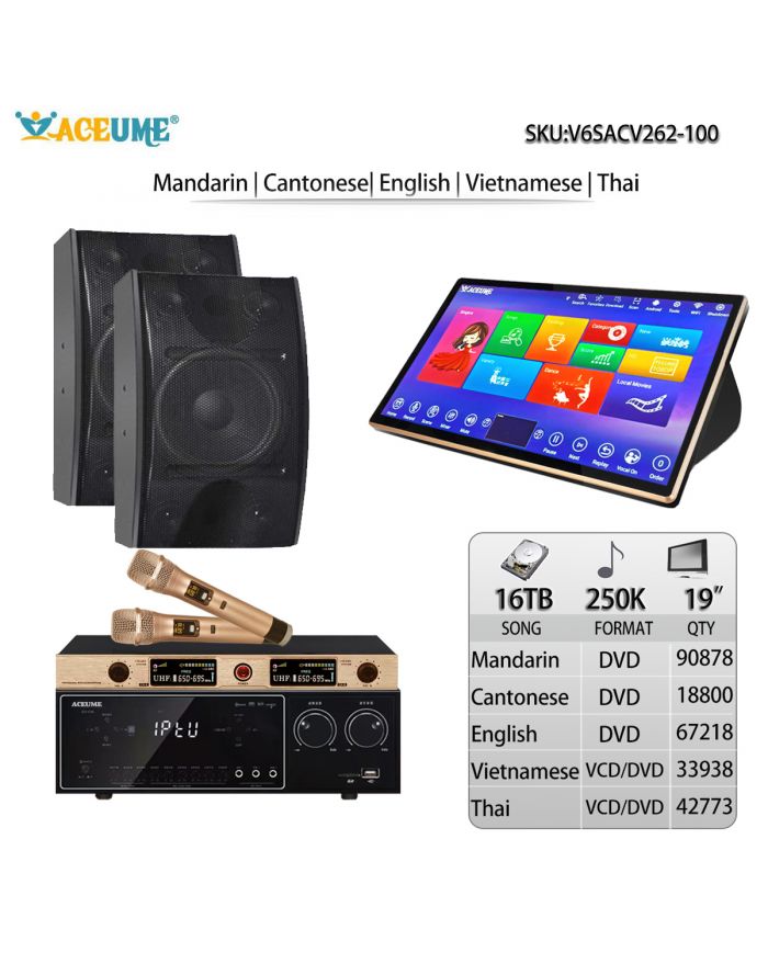 V6SACV262-100 16TB HDD 250K Chinese Madarin Cantonese English Vietnamese Thai Songs Free Cloud Download Mobile Device And The Monitor Select Songs 19" Touch Screen  MIC  Karaoke Player Intelligent Voice Keying Machine Online Movie Dual System