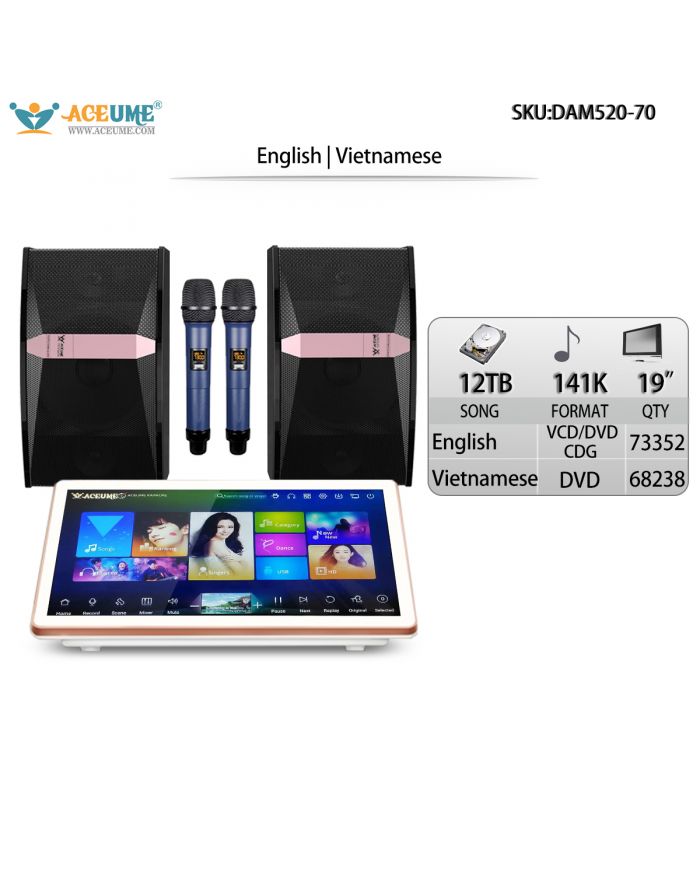 DAM520-70 12TB HDD 141K English Vietnamese Songs 19" Desktop Touch Screen Karaoke Player Microphone Speaker Set