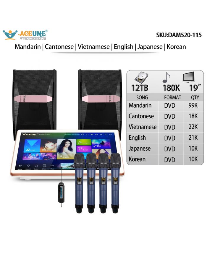 DAM520-115 12TB HDD 180K Chinese Madarin Cantonese Vietnamese English Janpanese Korean Songs 19" Desktop Touch screen karaoke player Microphone Speaker Set