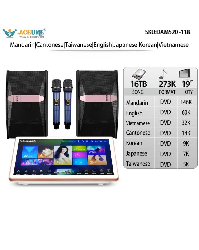 DAM520-118 16TB HDD 273K Mandarin English Vietnamese Cantonese Korean Japanese Taiwanese Songs 19" Desktop  Touch screen karaoke player Microphone Speaker Set