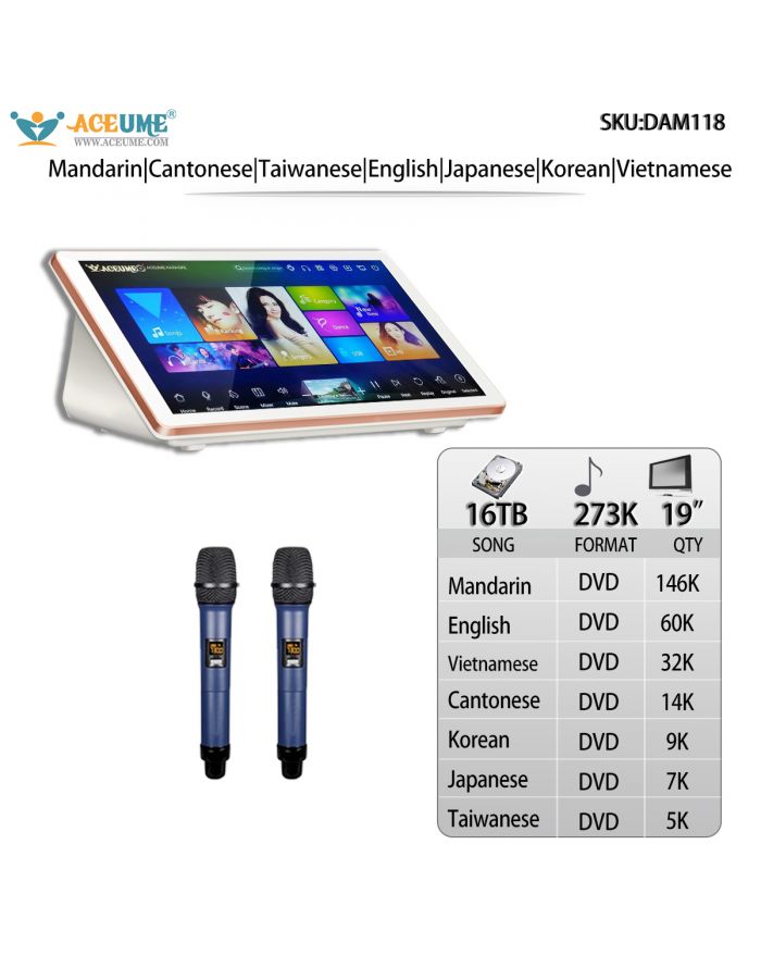 DAM118-16TB HDD 273K Mandarin English Vietnamese Cantonese Korean Japanese Taiwanese 19" Desktop  Touch screen karaoke player