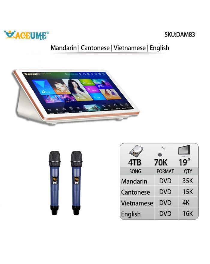 DAM83-4TB HDD 70K Chinese English Cantonese Vietnamese Songs 19" Desktop Touch Screen Karaoke Player