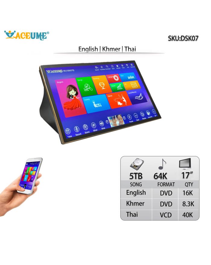DSK17_07-5TB HDD 64K New Khmer/Cambodian DVD Songs Thai English Songs 17" Touch Screen Karaoke Player.Select Songs Via Monitor and Mobile deviece Multilingual Menu And Fast Search