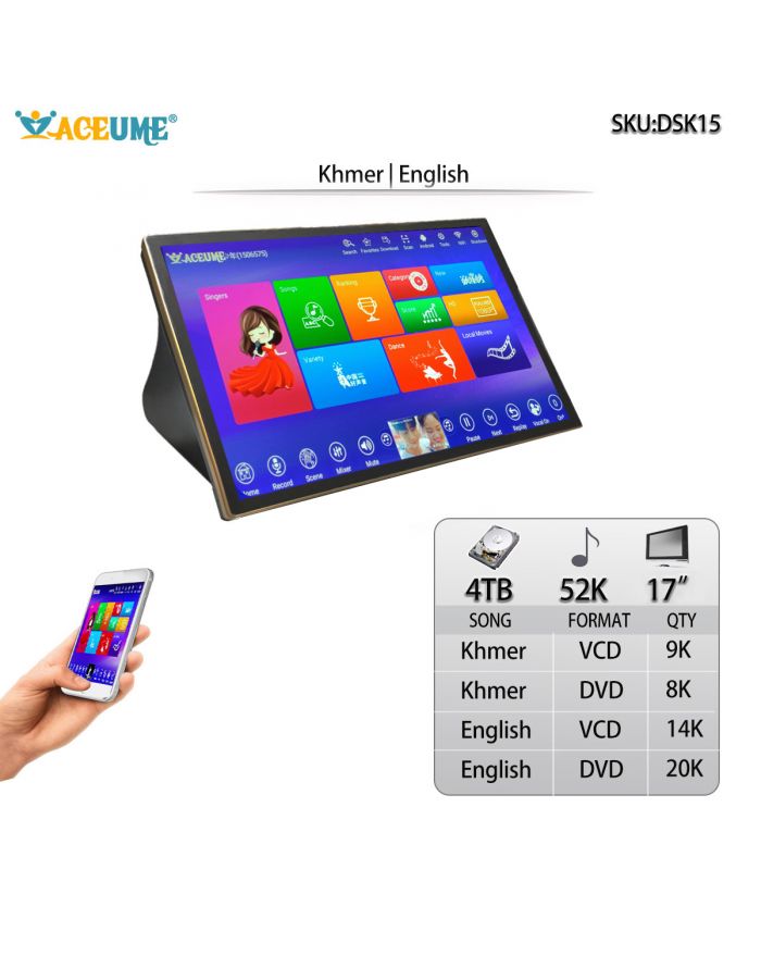 DSK17_15-4TB HDD 52K Khmer/Cambodian VCD DVD English DVD Songs 17" Touch Screen Karaoke Player /Songs Machine Jukebox Khmer Menu Mobile Device Touch Screen Monitor Select Songs