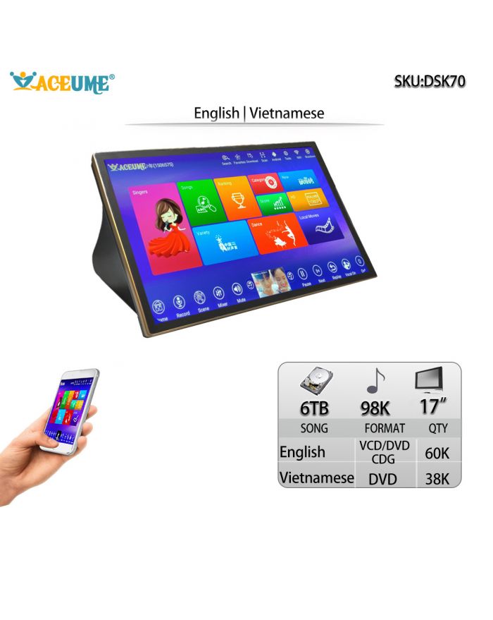 DSK17_70-6TB HDD 98K Vietnamese English 17" Touch Screen Karaoke Player Multi Language Menu Remote Controller and Mobile Device Supported