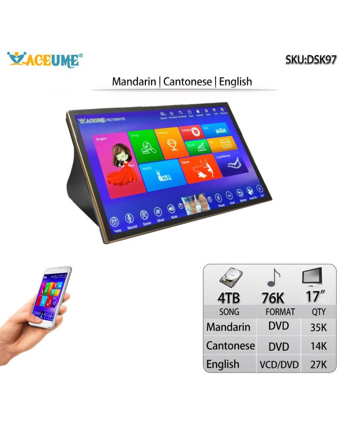 DSK17_97-4TB HDD 76K Chinese Mandarin Cantonese English Songs Touch Screen Karaoke Player 17" Cloud Download