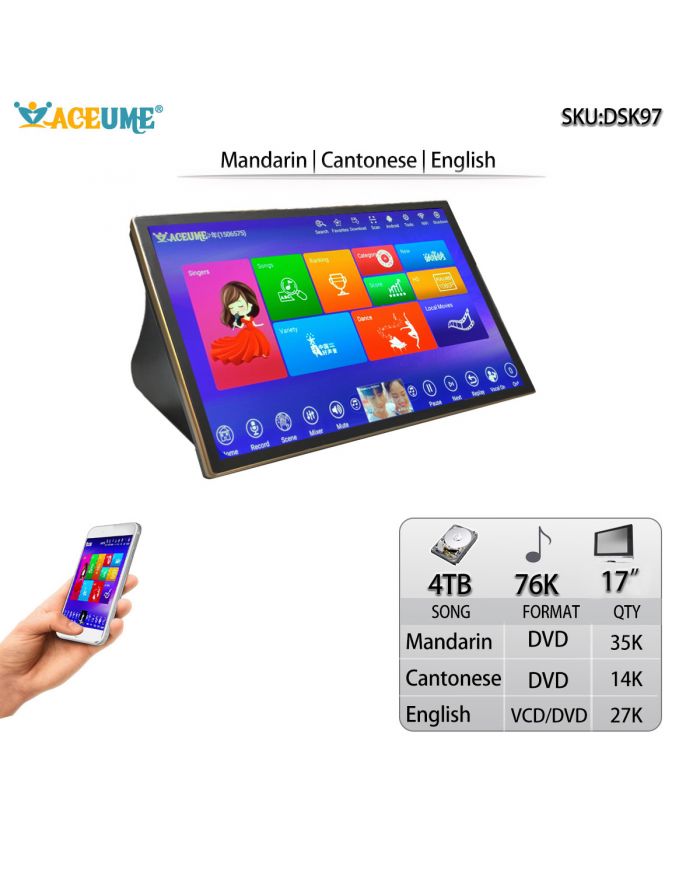 DSK17_97-4TB HDD 76K Chinese Mandarin Cantonese English Songs Touch Screen Karaoke Player 17" Cloud Download