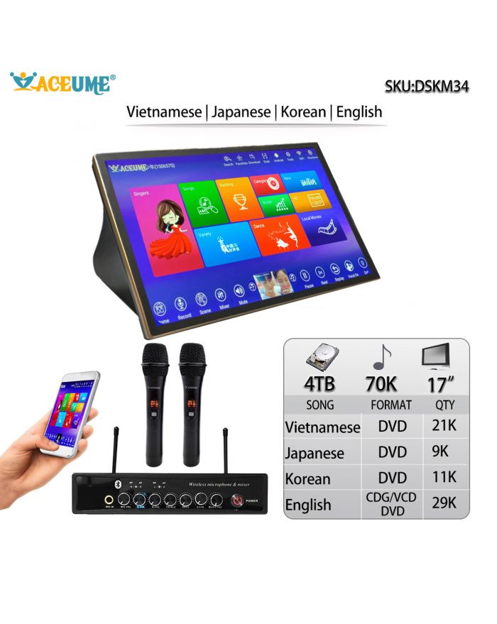 DSK17_M34-4TB HDD 70K English Vietnamese Japanese Korean Songs 17" Touch Screen Karaoke Player/Jukebox Wireless Microphone Input ECHO Mixing Multilingual Menu And Fast Search Free Microphone And Remote Controller