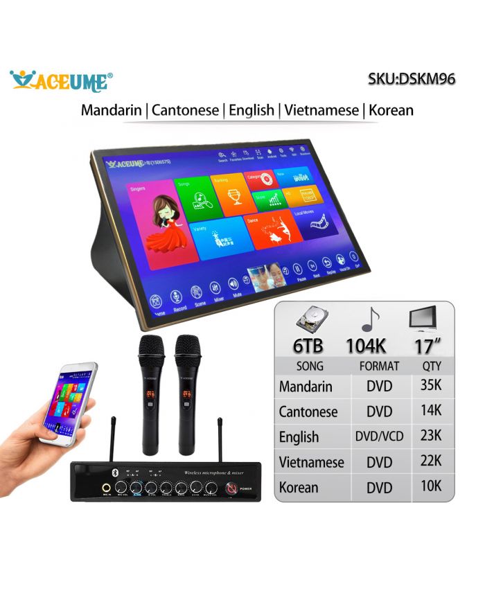 DSK17_M96-6TB HDD 104K Chinese English Vietnamese Korean Songs 17" Touch Screen Karaoke Player Cloud Download Multilingual Menu and Fast Search Remote Controller