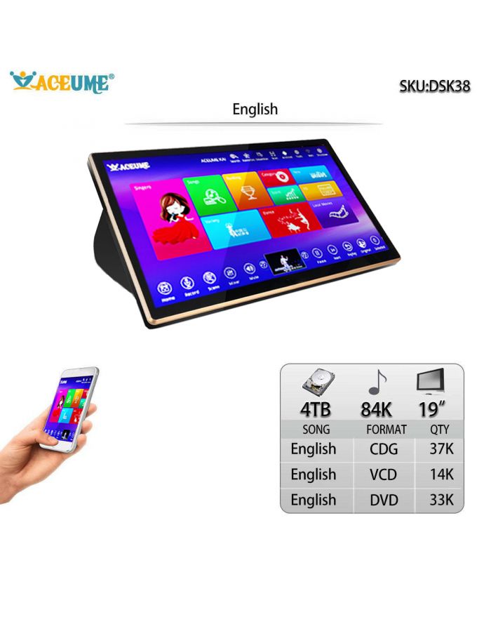 DSK38-4TB HDD 84K English Songs 19" Touch Screen Karaoke Player Cloud Download Select Songs Both Via Monitor and Mobile Device