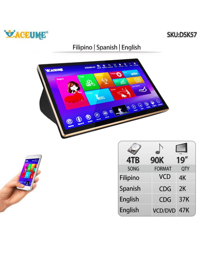 DSK57-4TB HDD 90K English Filipino Spanish Songs 19" Touch Screen Karaoke Player Select Songs Via Monitor and Mobile Device