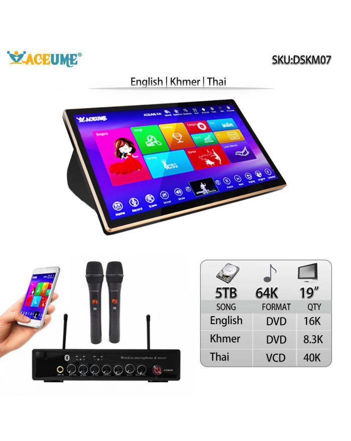 DSKM07-5TB HDD 64K New Khmer/Cambodian DVD Songs Thai English Songs 19" Touch Screen Karaoke Player.ECHO Mixing Microphone Input Microphone and Remote Controller Included Multilingual Menu And Fast Search