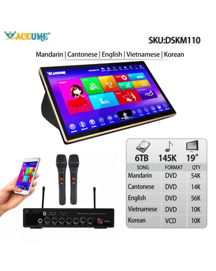 DSKM110-6TB HDD 145K Mandarin Cantonese Vietnamese English Korean Songs 19" Touch Screen Karaoke Machine Individual karaoke Mixer Free Wired Microphone