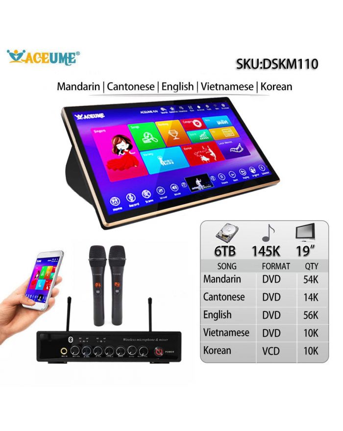 DSKM110-6TB HDD 145K Mandarin Cantonese Vietnamese English Korean Songs 19" Touch Screen Karaoke Machine Individual karaoke Mixer Free Wireless Microphone