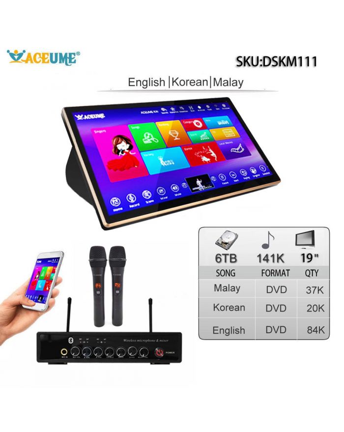 DSKM111-6TB HDD 141K English Korean Malay/Indonesia Songs 19" Touch Screen Karaoke Machine Individual karaoke Mixer Free Wired Microphone