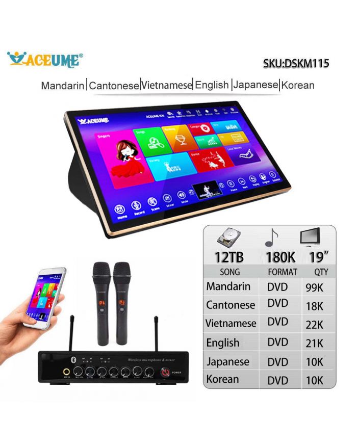 DSKM115-12TB HDD 180K English Chinese Cantonese  Vietnamese Janpanese  Korean Songs 19" Touch Screen Karaoke Machine Individual karaoke Mixer Free Wireless Microphone