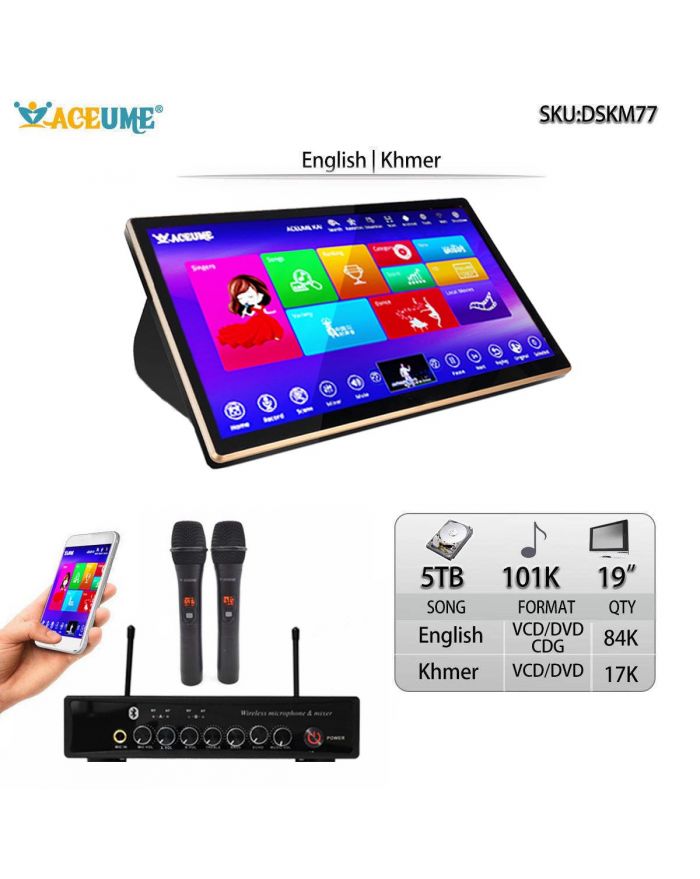 DSKM77-5TB HDD 101K Khmer VCD DVD Songs Cambodian English CDG VCD DVD Songs 19" Touch Screen Karaoke Player Select Songs Both Via Monitor And Mobile Device Muiltilingual Menu And Songs Title