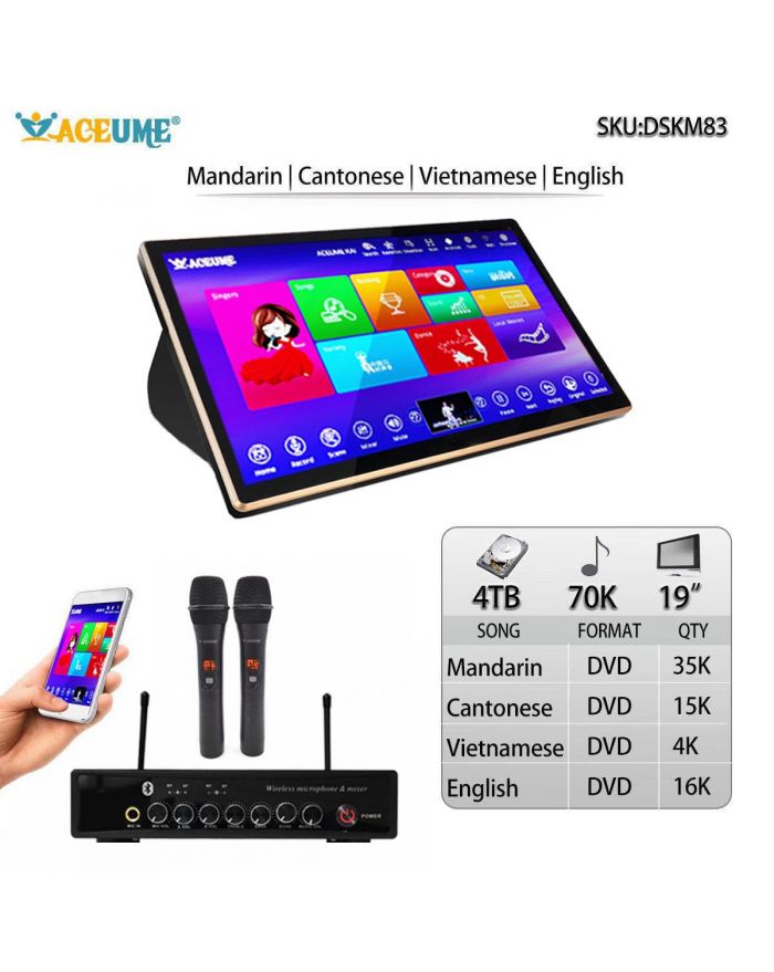 DSKM83-4TB HDD 70K Mandarin Cantonese English Vietnamese Songs 19" Alll In One Touch Screen Karaoke Player Select and Search Songs Both Via Touch Screen Player And Mobile Device