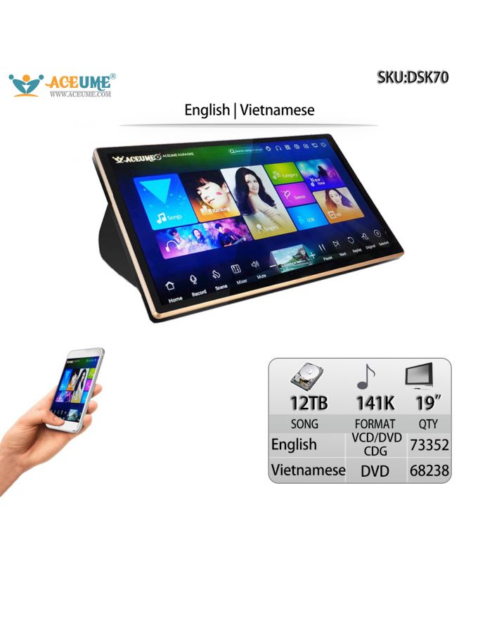 DSK70-12TB HDD 141K Vietnamese English 19" Touch Screen Karaoke Player Multi Language Menu Remote Controller and Mobile Device Supported.