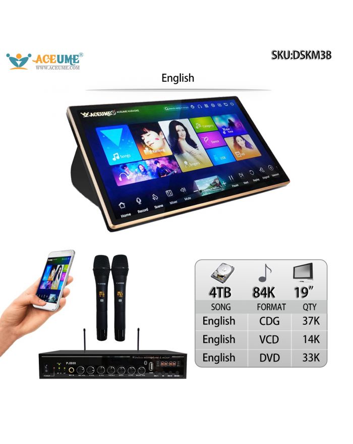 DSKM38-4TB HDD 84K English Songs 19" Touch Screen Karaoke Player Individual Karaoke Mixer Free Wireless Microphone Select Songs Both Via Monitor and Mobile Device. Microphone And Remote Controller Included