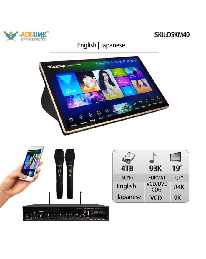 DSKM40-4TB HDD 93K Japanese and English Songs 19" Touch Screen Karaoke Player Wireless Microphone Input ECHO Mixing Free Microphone and Remote Controller