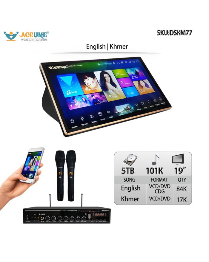 DSKM77-5TB HDD 101K Khmer VCD DVD Songs Cambodian English CDG VCD DVD Songs 19" Touch Screen Karaoke Player Select Songs Both Via Monitor And Mobile Device Muiltilingual Menu And Songs Title