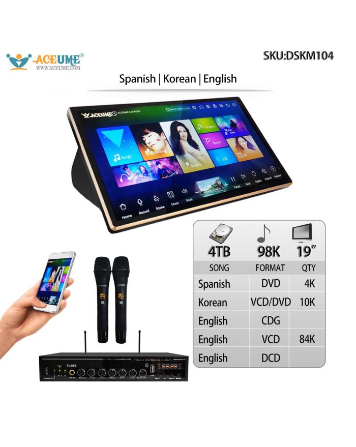 DSKM104-4TB HDD 98K English Spanish Korean Songs 19" Touch Screen Karaoke Machine Individual karaoke Mixer Free Wireless Microphone