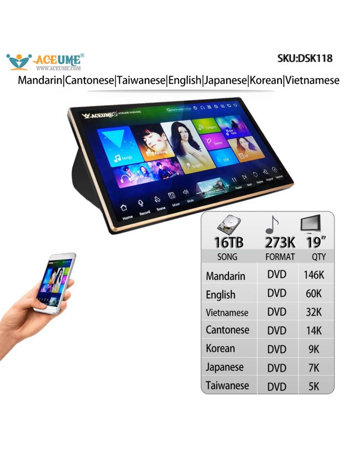 DSK118-16TB HDD 273K Mandarin English Vietnamese Cantonese Korean Japanese Taiwanese Songs 19" Touch screen karaoke player Cloud Download