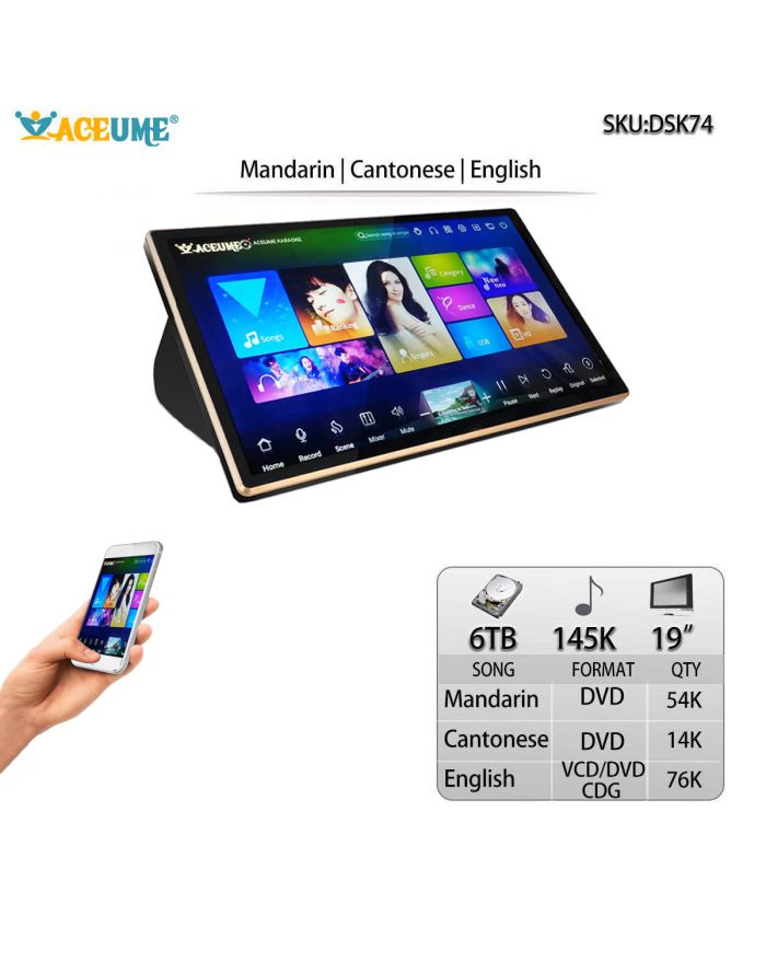 DSK74-6TB HDD 145K Chinese Songs Mandarin Cantonese English Songs 19"Touch Screen Karaoke Player Cloud Download Jukebox Select Songs Via Monitor and Mobile Device