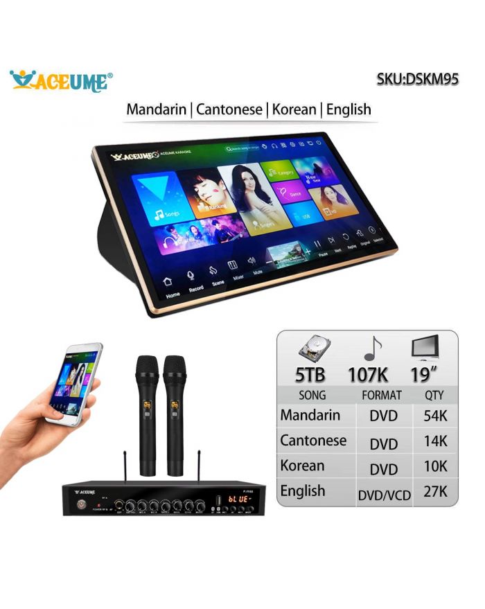 DSKM95-5TB HDD 107K Chinese DVD Cantonese DVD English VCD DVD Korean VCD Songs 19" Touch Screen Karaoke Player Songs Machine Cloud Download Remote Controller