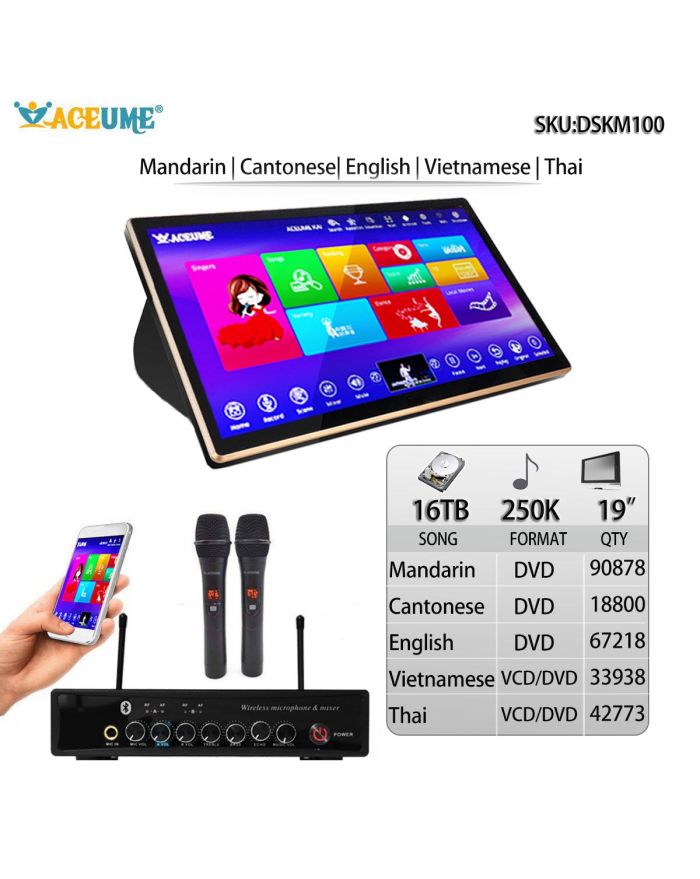 DSKM100-16TB HDD 250K Chinese Madarin Cantonese English Vietnamese Thai Songs 19" Touch Screen Karaoke Machine Individual karaoke Mixer Free Wired Microphone