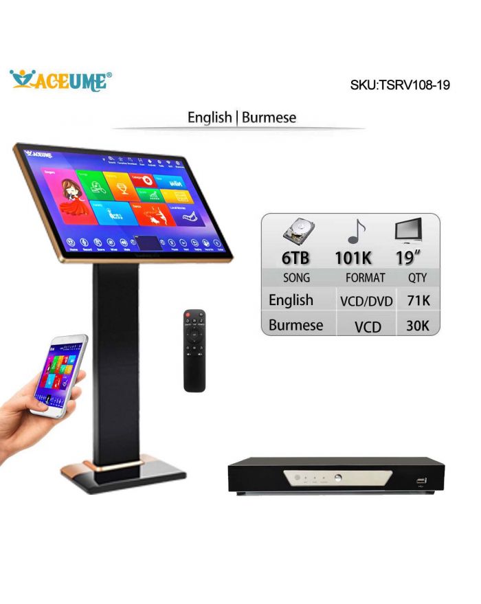 TSRV108-19 6TB 101K Chinese English Khmer Thai Vietnamese Songs 19" TSRV Touch Screen Karaoke Player Cloud Download Remote Controller Microphone