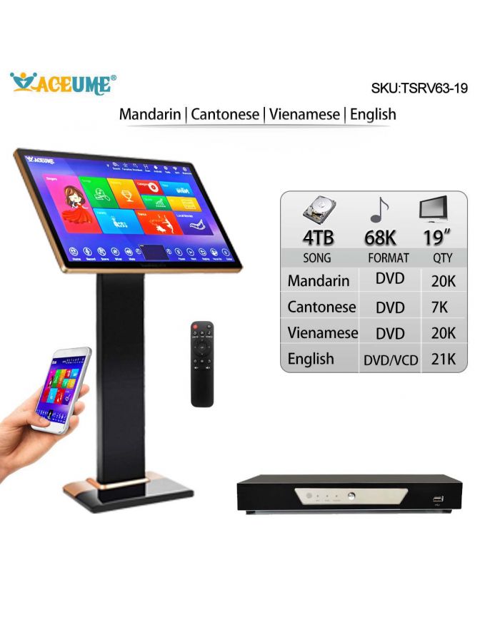 TSRV63-19 4TB HDD 68K English Vietnamese Mandarin Cantonese Songs 19" Touch Screen Karaoke Machine Songs Player Cloud download Remote Controller Included
