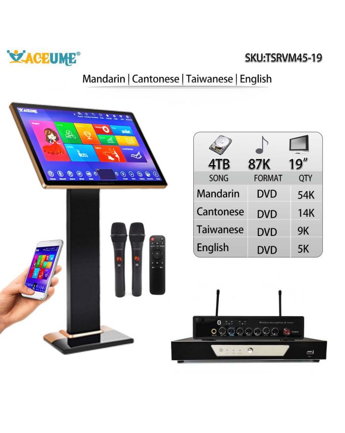 TSRVM45-19 4TB HDD 90K English Filipino Spanish Songs 19 Touch Screen Karaoke Player Wireless Microphone Input ECHO Mixing Free Microphone and Remote Controller