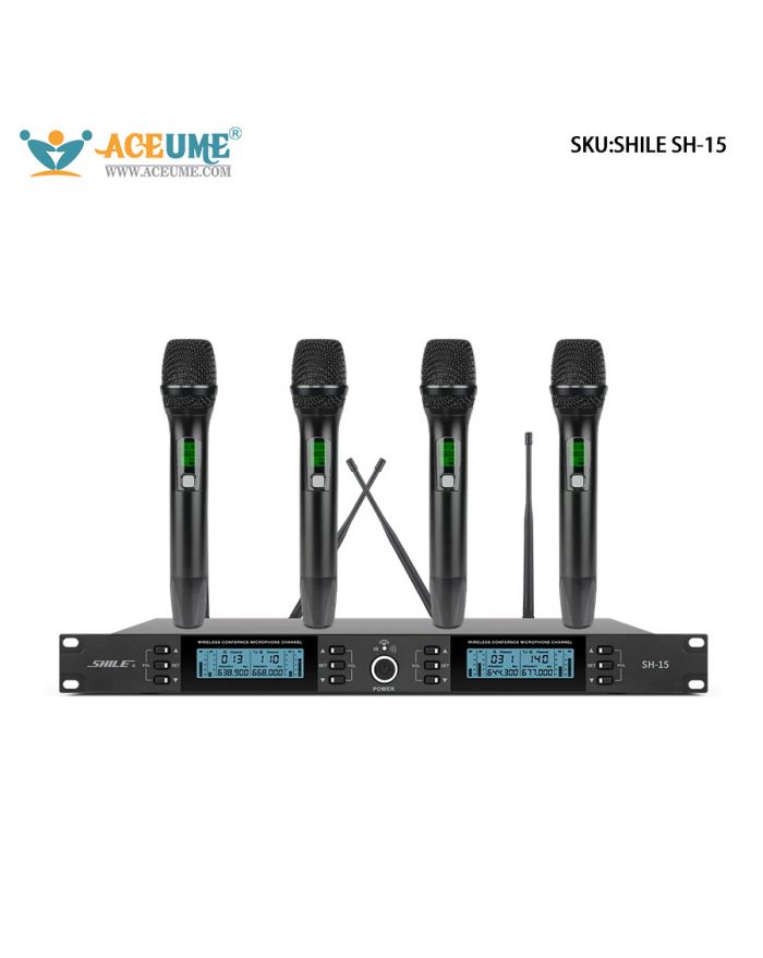 SHILE SH-15 4 Channel UHF Wireless Microphone System Professional 4-Channel Wireless Mic for Conference Speech Training