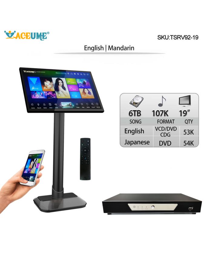 TSRV92-19 6TB HDD 107K Mandarin DVD Songs English CDG VCD DVD Songs 19" Touch Screen Karaoke Player Free Cloud Download Mobile Device And The Monitor Select Songs